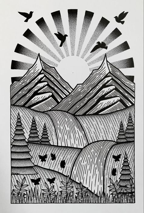 Landscape Black And White Painting, Pen Work Landscape, Vintage Black And White Illustration, Black Ink Drawing Illustration, Ink Nature Drawing, Black Pen Landscape, Doodle Pen Art, Line Art Landscape Drawings, Nature Drawing Ideas Landscapes