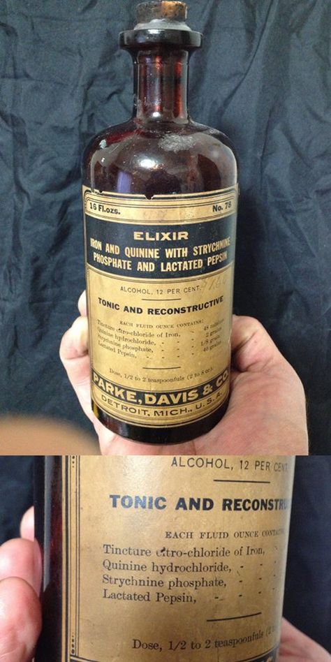 Another one of my old Parke-Davis antique medicine bottles. This one's an elixir with strychnine in it! It still has some it its original contents, too! Vintage Medicine Labels, Edwardian Medicine, 1900s Medicine, Old Medicine, Medical Antiques, Vintage Medicine Bottle, Antique Medicine Bottles, Old Medicine Bottles, Vintage Medicine