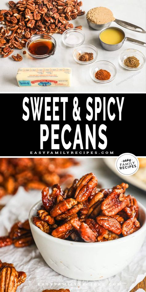 These Sweet and Spicy Pecans are perfect for snacking or for adding texture and flavor to any recipe! These spicy candied pecans are tossed in butter and sweet spices, then coated in a maple, orange, and brown sugar. Serve these spicy pecans recipe as a snack or sprinkle over mashed potatoes, baked brie, roasted veggies, or even your favorite cereal. These sweet and spicy pecans with brown sugar won't last long! Spicy Pecans Recipe, Spicy Candied Pecans, Sweet And Spicy Pecans, Mashed Potatoes Baked, Roasted Pecans Recipe, Spicy Pecans, Mouthwatering Desserts, Spicy Nuts, Study Snacks