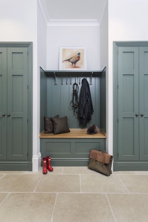 bootroom with blue green toned storage by lewis alderson Boot Room Storage, Boot Room Utility, Coat Storage, Hallway Bench, Hallway Storage, Boot Room, Hus Inspiration, Laundry Mud Room, Utility Rooms