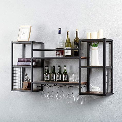 Floating Bar Shelves, Wine Bottle Holder Wall, Wood Wine Bottle Holder, Industrial Wine Racks, Wine Glass Shelf, Metal Floating Shelves, Hanging Wine Rack, Rustic Wine Racks, Bar Shelves