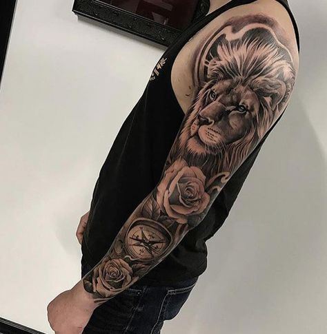 Lion, rose and compass tattoo done by @mendozajeffry | www.otziapp.com Lion Rose Tattoo, Lion And Rose Tattoo, Mens Full Sleeve Tattoo, Small Watercolor Tattoo, Rose Tattoo Sleeve, Lion Tattoo Sleeves, Tattoo Hand, Tattoos Geometric, Full Sleeve Tattoos