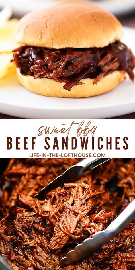 Sweet BBQ Beef Sandwiches Paninis, Essen, Shredded Brisket Recipes Crockpot, Bbq Beef Crockpot, Shredded Beef Sandwiches, Slow Cooker Bbq Beef, Bbq Beef Sandwiches, Beef Barbecue, Beef Sandwich Recipes