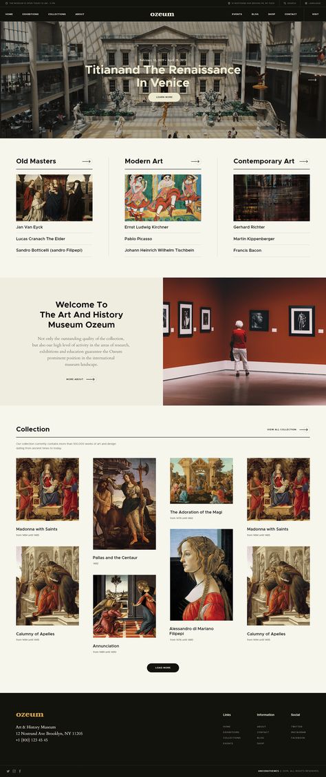 Ozeum | Art Gallery and Museum WordPress Theme on Behance Art Selling Website Design, Art Gallery Bench, Website Gallery Layout, Website Gallery Design Layout, Online Gallery Website, Gallery Website Design Web Layout, Museum Website Design Inspiration, Web Gallery Design, Antique Website Design