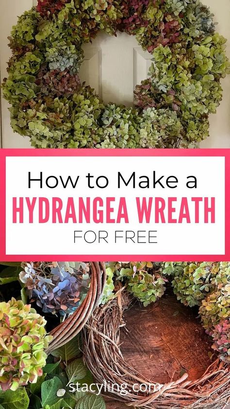 How to Make a Simple Hydrangea Wreath for FREE Hydrangea Wreath Diy, Fall Hydrangea Wreath, Drying Flowers, Vintage Fall Decor, Endless Summer Hydrangea, Fall Hydrangea, Hydrangea Care, Dried Hydrangeas, Faux Hydrangea