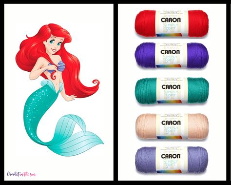 Disney Princess Ariel crochet color palette with yarn details! This Ariel-themed crochet color palette will help give you some great ideas if you're looking to crochet a Disney/Ariel themed project. Color board idea. Great crochet color combination ideas! Disney Pallete, Ariel Color Palette, Disney Princess Color Palette, Kimmys Creations, Princess Color Palette, Disney Color Palette, Crochet Color Palette, Crochet Ariel, Disney Scrunchies