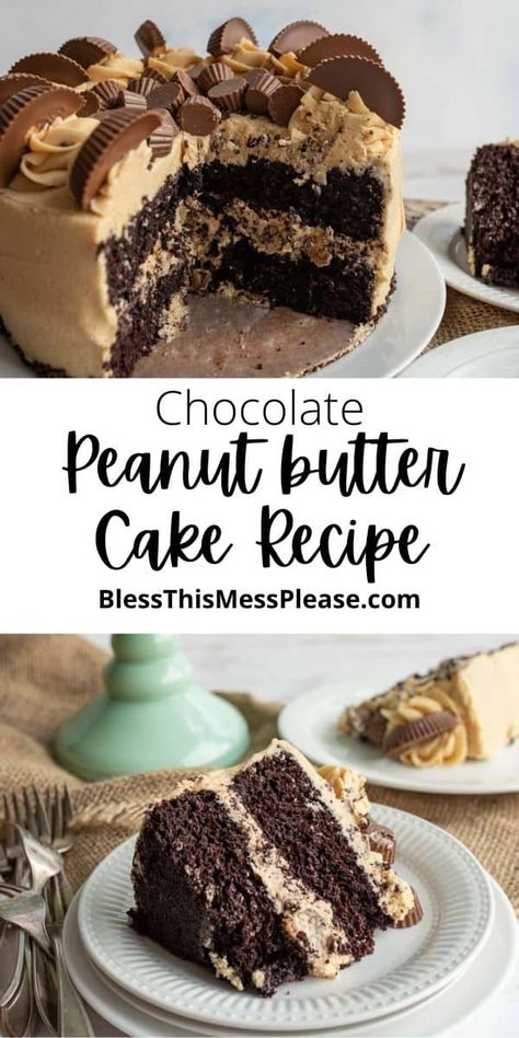 Chocolate Peanut Butter Cake that is moist, beautiful and easy to decorate. This is such a fun cake to make for your next celebration. Peanut Butter Birthday Cake, Peanut Butter Chocolate Cake, Butter Chocolate Cake, Reeses Cake, Tasty Cake, Chocolate Peanut Butter Cake, Homemade Chocolate Cake, Butter Cake Recipe, Peanut Butter Cake