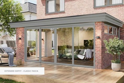 Flat Roof Extensions | Ultraframe Conservatories Flat Roof Conservatory, Orangery Roof, Living Room Extension, Extension Roof, Rear Extension Ideas, Roof Design Ideas, Flat Roof Systems, Conservatory Room, Small House Extensions