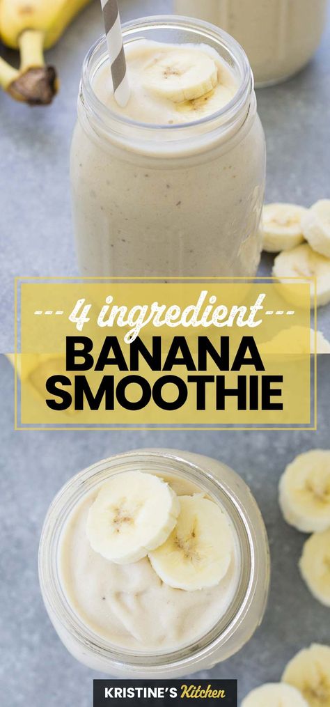 This healthy Banana Smoothie blends up deliciously thick and creamy! It's full of rich banana flavor and made with just 4 simple ingredients. Banana Nut Protein Shake, Simple Banana Smoothie, Banana Drink For Flat Tummy, No Fruit Smoothie Recipes, Smoothie Recipes Weight Gain Fast, Healthy Shakes And Smoothies, Easy Smoothie Recipes Healthy, Breakfast Smoothies Healthy, 3 Ingredient Smoothie