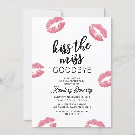 Kiss The Miss Goodbye Bachelorette Party Invitation  Zazzle Kiss The Miss Goodbye Bachelorette, Kiss The Miss Goodbye, Bachelorette Weekend Invitations, Bachelorette Party Invitation, Bachelorette Themes, Weekend Party, Bachelorette Party Invitations, Sunset Wedding, Bachelorette Weekend