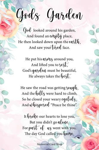 God's Garden Poem by Melissa Shreve - memorialcardshop.co.uk in 2022 | Garden poems, Memorial poems, Funeral poems for dad Celebration Of Life Poems, Grandma Poem, Garden Poems, Mum Poems, Sympathy Poems, Life Poems, Dad Poems, Comforting Words, Card Verses