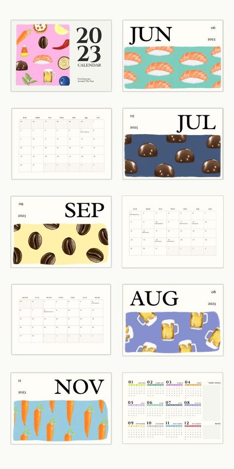 Food theme calendar. Full 12-month Digital Calendar for planning. Colorful hand-drawn food illustrations that highlight International Food Days of the World. Use as digital planner, or print it out and hang it in your kitchen, pantry, or room as a wall calendar decor. Calendar Design Layout, Food Calendar, Calendar Design Inspiration, Meal Calendar, Illustration Calendar, 달력 디자인, Calendar Layout, Canvas Collage, Design 2023