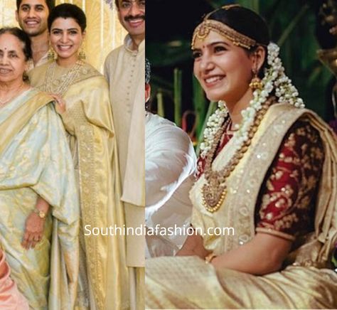 Samantha repeated her wedding saree at Ashritha’s wedding! Wedding Saree Ideas Indian Fashion, Half White Wedding Saree, Gold Wedding Saree Bridal Sari, South Indian Wedding Saree White, Samantha Wedding Saree, Muhurtam Sarees South Indian, White Saree Wedding South Indian, South Indian Bride Saree Telugu Wedding, Telugu Bridal Saree