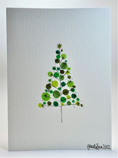 Send your Christmas greetings in style Hand-painted luxury Christmas cards by eDgE dEsiGn London. Every card is unique and hand-made by artist, Esther Wilson. About this card This card is part of the new Christmas card collection for 2022. The card features a mid-century modern/retro inspired Christmas Tree design. Created using watercolour circles in various shades of green. The design features a black ink branches with a starburst pattern. The design is centred in the middle of the card. The d Luxury Christmas Cards, Painted Christmas Cards, Christmas Doodles, Christmas Card Art, Hand Painted Christmas, Watercolor Christmas Cards, Christmas Card Crafts, 수채화 그림, Diy Christmas Cards