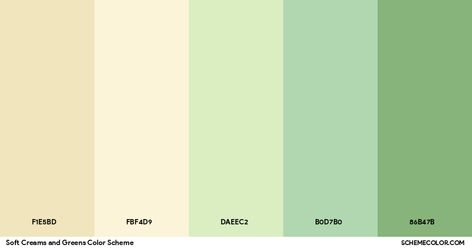 Soft Creams And Greens Color Scheme » Cream Pastel, Green Pastel Pallete, Pastel Green Color Palette, Color Scheme Generator, Web Design Color, Pastel Green Color, Hexadecimal Color, Green Name, Yellow Violet