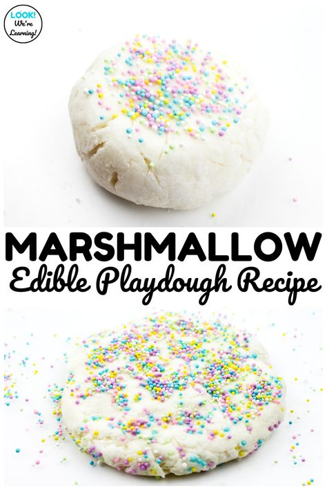 Have some sweet sensory fun with this easy marshmallow edible playdough recipe for kids! Edible Playdough Recipes, Edible Playdough Recipe, Marshmallow Playdough, Marshmallow Activities, Edible Play Dough Recipe, Edible Sensory Play, Library Corner, Edible Playdough, Sensory Dough