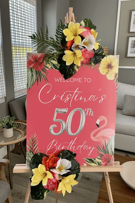 10 CREATIVE 50TH BIRTHDAY PARTY IDEAS FOR THE ULTIMATE TROPICAL BASH - My Blissful Corner Tropical 60th Birthday Party, 50th Luau Birthday Party, Tropical 50th Birthday Party, 60th Birthday Ideas For Mom Party, Tropical Party Ideas, Adult Luau Party, 50th Birthday Party Ideas, 60th Birthday Ideas For Mom, Gold Votive Candles