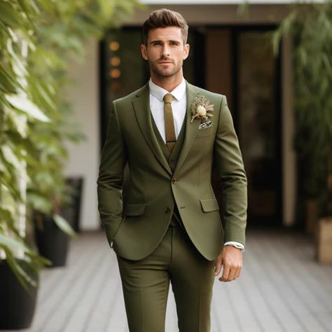 Mens Olive Green Suit Double Breasted Three Piece Suit Tux – sweetearing Army Green Tuxedo Wedding, Olive Green Groom Attire, Light Brown Mens Suit Wedding, Green And Purple Groomsmen, Woods Wedding Groom Attire, Olive Color Palette Wedding, Olive Green Suits For Men Wedding, Moss Green Suit Men, Wedding Party Attire Green