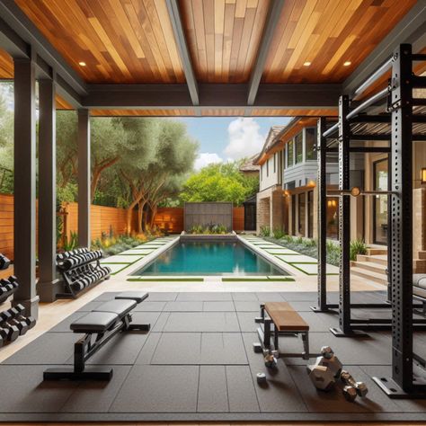 Combine fitness and relaxation with a custom home gym that includes an indoor workout area and an outdoor pool. #FitnessGoals #HomeGym #PoolTime #OutdoorWorkout #LuxuryLiving Home Gym Design Luxury, Home Gym Inspiration, Indoor Workout, Gym Interior, Unique Workouts, Home Gym Design, Business Models, Power Rack, Pool Time