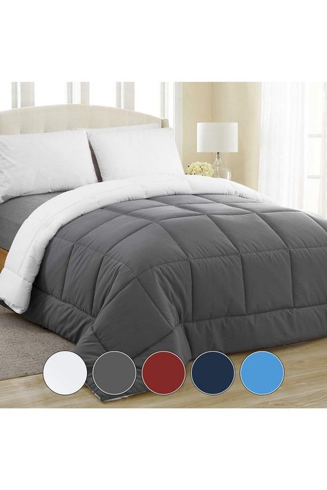 Equinox All-Season Charcoal Grey/White Quilted Comforter - Goose Down Alternative - Reversible Du... Thick Comforter, Twin Storage Bed, Kids Beds With Storage, Quilted Comforter, Fluffy Comforter, Bedroom Hacks, Grey Duvet, King Storage Bed, Down Alternative Comforter