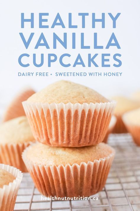 These light and fluffy vanilla cupcakes are a healthier twist on an old classic, made with spelt flour and lightly sweetened with honey! Spelt Flour Cupcakes, Spelt Flour Vanilla Cupcakes, Easy Healthy Cupcake Recipes, Easy Healthy Cupcakes, Healthy Vanilla Muffins, Healthy Cupcake Recipes For Kids, Honey Vanilla Cupcakes, Healthy Cupcakes Clean Eating, Healthy Cupcakes For Kids