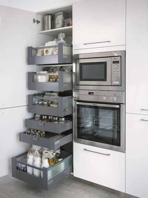 Small Kitchen Storage, Space Saving Kitchen, Diy Kitchen Storage, Kitchen Storage Solutions, Kitchen Cabinet Storage, Pantry Storage, Trendy Kitchen, Kitchen Remodel Idea, Wall Oven