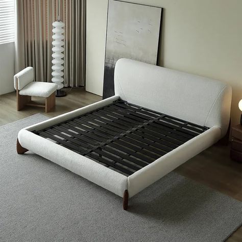 Curva Modern White Boucle Platform Bed King Size Bed Frame with Upholstered Headboard King Bed Frame With Storage, Modern Bed Frames, Modern King Bed, Platform Bed King, Leather Nightstand, Bed King Size, Modern Style Bedroom, Modern Bed Frame, Loveseat Living Room