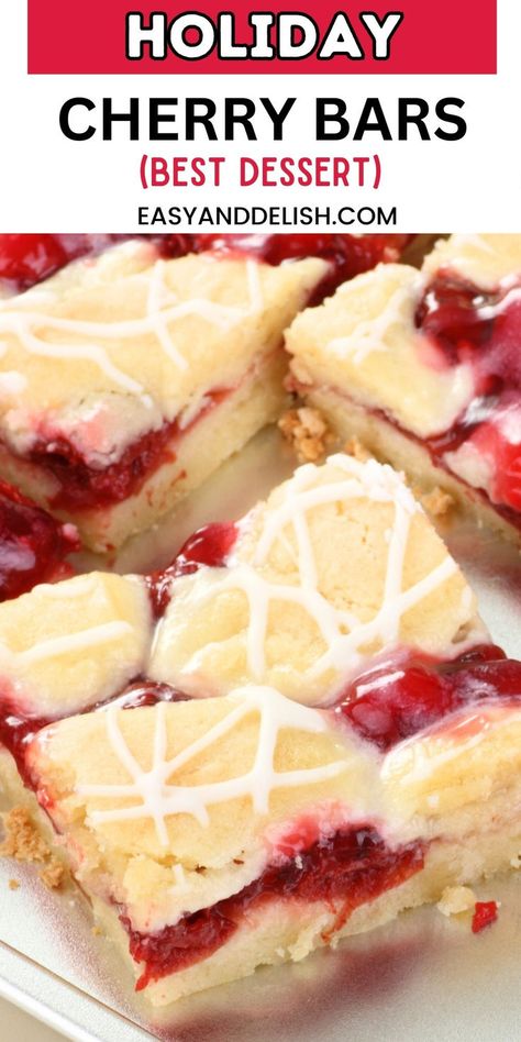 A tray of cherry bars drizzled with vanilla icing. Christmas Cherry Pie Bars, Canned Cherry Dessert Recipes, Easy Cherry Bars Recipe, Cherry Filling Recipes Canned, Quick Cherry Desserts, Cherry Cake Bars, Cherry Squares Recipe Simple, Cherry Pie Filling Recipes With Graham Cracker Crust, Cherry Pie Dessert Recipes