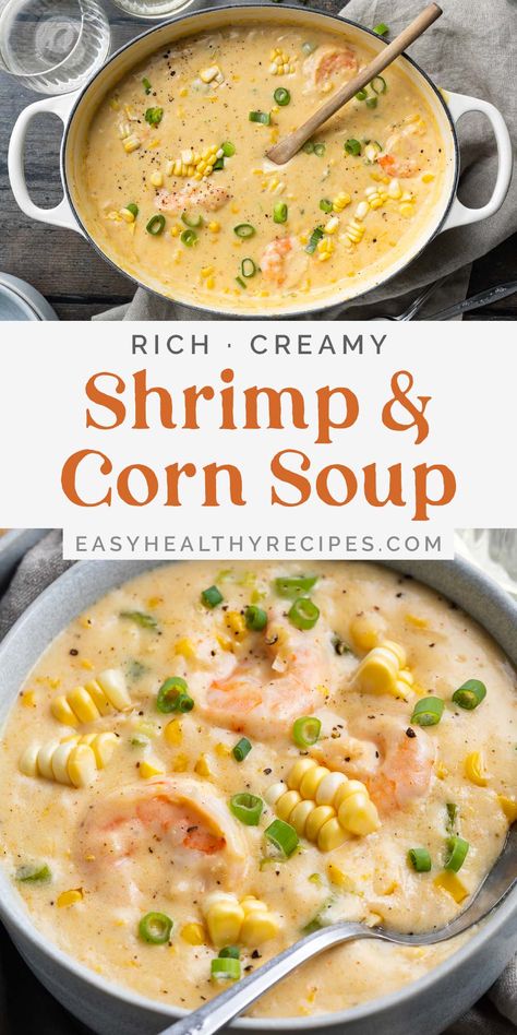 Creamy with a kick, this shrimp and corn soup is the perfect dish for a chilly day. It combines tender shrimp, sweet corn, thick cream, and a blend of spices for a deliciously satisfying dish that's more like a bisque than soup. Shrimp And Corn Soup, Shrimp And Corn, Shrimp Soup, Corn Soup, Fall Soups, Corn Chowder, Easy Soups, Easy Soup Recipes, Homemade Soup