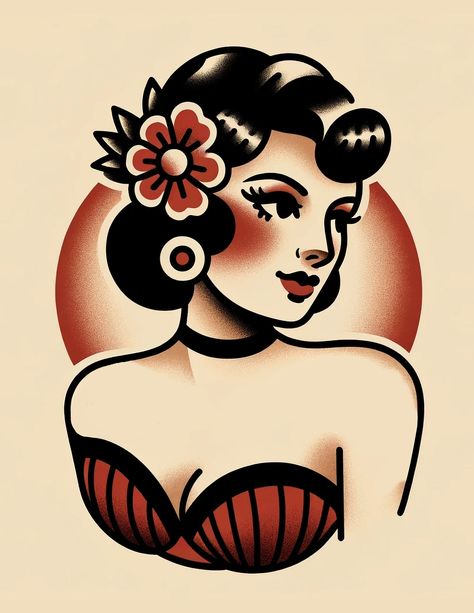 Vintage Pinup Traditional Tattoo Art Print - Etsy Traditional Tattoo Prints, Traditional Tattoo Woman, Lucky Tattoo, Traditional Style Tattoo, Oh My Goddess, Traditional Tattoo Design, Pin Up Tattoos, Traditional Tattoo Art, Dark Art Tattoo