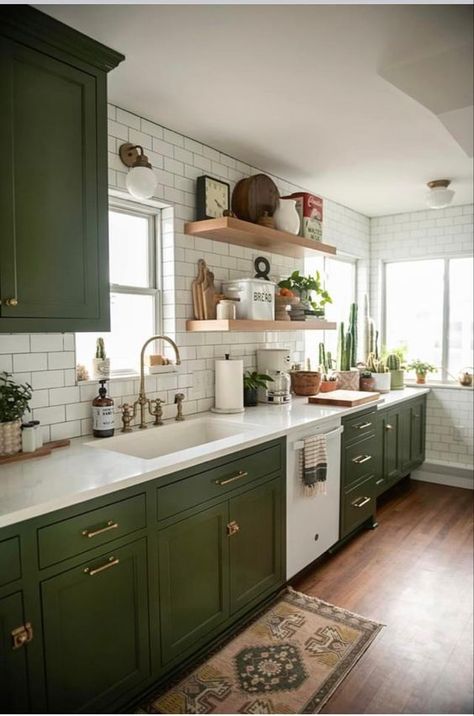 Olive Green Kitchen, Dark Green Kitchen, One Wall Kitchen, Green Kitchen Cabinets, Kitchen Remodel Inspiration, White Kitchen Decor, Green Cabinets, Kitchen Farmhouse, Boho Kitchen