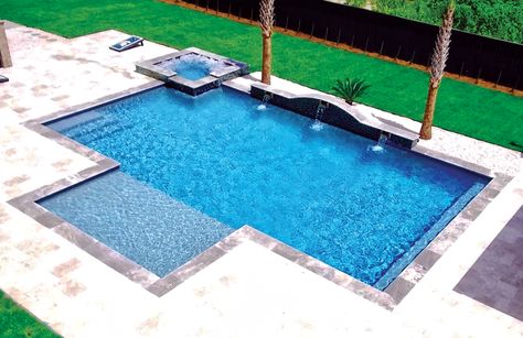 modified-rectangle-inground-pool-10 Walk In Pools Backyard, Small Rectangle Pool, Gunite Pool Ideas, Small Inground Pool Ideas, Pool Design Plans, Rectangle Swimming Pools, Ideas De Piscina, Blue Haven Pools, Backyard Vacation