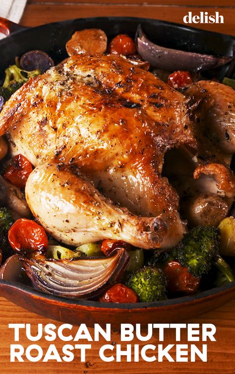 If you love our Tuscan Butter Salmon, just WAIT 'til you try this Tuscan Butter Roast Chicken. Get the recipe at Delish.com. #recipe #easy #easyrecipes #delish #roast #chicken #tuscan #butter #dinner #tomatoes #broccoli #family #meal #italian Roast Chicken Video, Tuscan Butter, Chicken Roast, Spicy Chicken Recipes, Nosara, Roast Chicken Recipes, Gluten Free Dinner, Roast Recipes, Roast Chicken