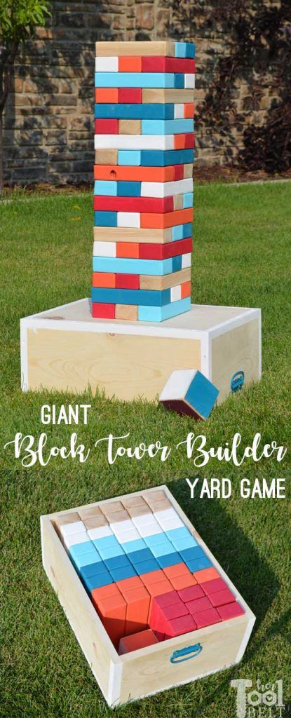 DIY Yard Game-Giant Block Tower Builder - Her Tool Belt Yard Jenga, Giant Yard Games, Outdoor Yard Games, Yard Game, Diy Yard Games, Outside Games, Giant Jenga, Wood Games, Games Diy