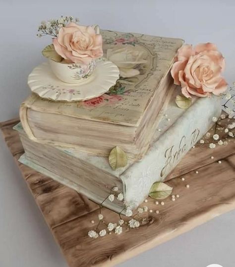 Book Cake Stand, Poetry Cake Design, Vintage Themed Cake, Library Birthday Cake, Puzzle Wedding Cake, Book Design Cake, Book Inspired Cakes, Cakes For Book Lovers, Books Birthday Cake