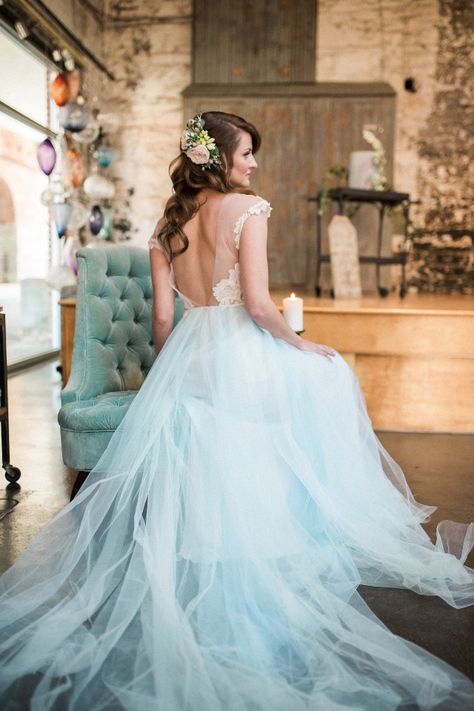 soft blue tulle wedding dress from Dream & Dress Aqua Wedding Dress, Grey Wedding Ideas, Pastel Blue Wedding, Dreamy Romance, Non White Wedding Dresses, Tulle Skirt Wedding Dress, Wedding Dress Blue, Romantic Industrial, Blue Tulle Skirt