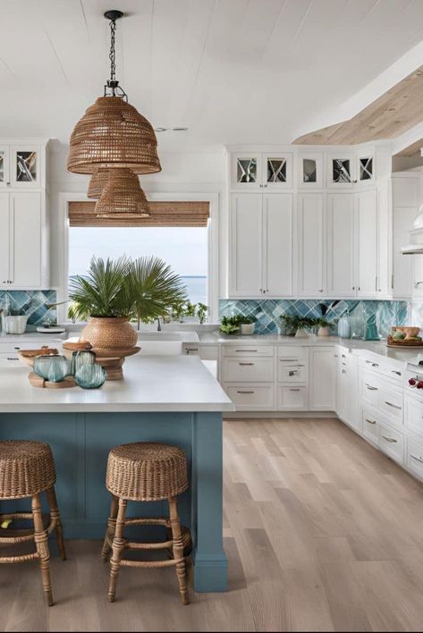 Coastal House Aesthetic, Greece House Interior, Beachhouse Kitchen, Elegant Kitchen Backsplash, Backsplash Ideas For White Cabinets, Aesthetic Home Interior, Ivy Kitchen, Beach Cottage Kitchens, Nautical Cottage