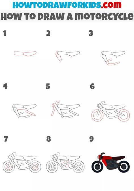 How To Draw A Motorcycle, Motorcycle Drawing Easy, Motorbike Drawing, Directed Drawing Kindergarten, Doodle Simple, Learn To Sketch, Motorcycle Drawing, Easy Drawings For Beginners, Easy Drawing Tutorial