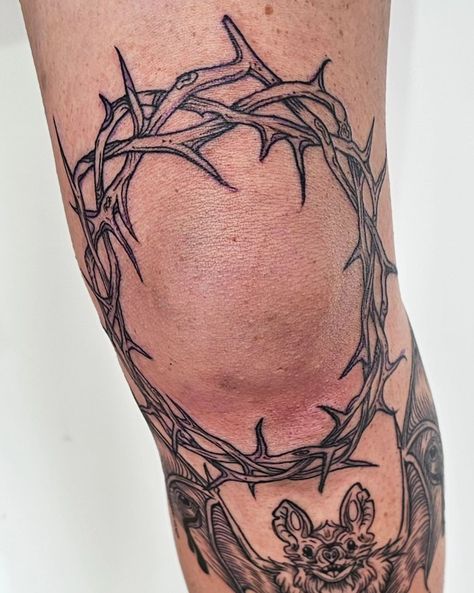 Had another absolutely legend brave this spicy spot ! Crown of thorns around the knee and a fun etchwork style batty boi right on the shin ! Crown Of Thorns Knee Tattoo, Crown Of Thrones Tattoo, Thorn Crown Tattoo, Crown Of Thrones, Crown Of Thorns Tattoo, Thorns Tattoo, Thorn Tattoo, Jesus Crown, Bible Tattoos