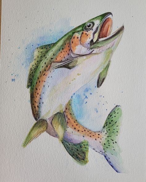 Trout Fish Painting, Diy Fish Painting, Fish In Watercolor, Bass Watercolor Paintings, Fish Drawing Acrylic, Fish Jumping Out Of Water Painting, Fish Art Watercolor, Color Water Painting Fish, Fish Jumping Out Of Water Drawing