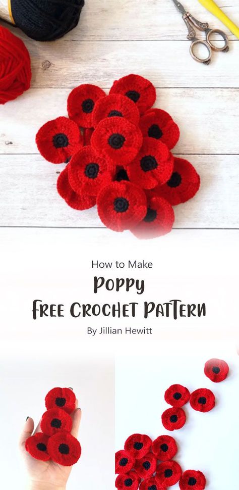 This free crochet pattern by Jillian Hewitt was designed to make a cute, beautiful poppies. The flower is quick and easy to make and would make a great addition to any outfit. Crochet Flowers, Crochet Poppy Free Pattern, Crochet Poppy, Crochet Flower Headbands, Poppy Pattern, Pattern Ideas, Skills To Learn, Poppy Flower, Easy Crochet