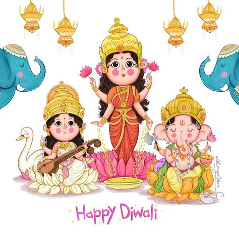 Cute Lakshmi Goddess Cartoon, Lakshmi Ganesh Painting, Diwali Cartoon Images, Diwali Illustration Art, Goddess Lakshmi Drawing, Diwali Art Painting, Lakshmi Illustration, Diwali Cartoon, Diwali Goddess