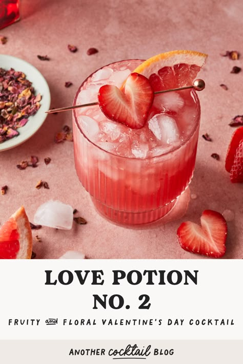 Raise you glass and get romantic with this refreshing love potion cocktail made with a mesmerizing blend of grapefruit juice, strawberry puree and sweet hibiscus syrup. Make this for your special someone this Valentine's Day, or share it with friends at your Galentine's celebration. Part Time Lover Cocktail, Love Potion Drink Cocktails, Love Themed Cocktails, Strawberry Puree Cocktail, Breakup Cocktails, Valentines Day Mocktail, Drink Content Ideas, Galentines Cocktails Drink Recipes, Red Cocktails Recipes