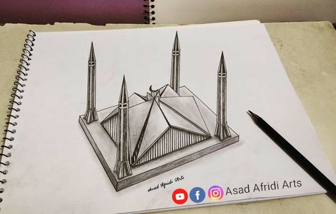 3D Faisal Masjid Islamabad / Drawing / Subscribe Youtube 👉 Asad Afridi Arts Faisal Masjid Drawing, Masjid Drawing, Faisal Masjid, 3d Sketch, Cool Pencil Drawings, Basic Drawing, Drawing For Beginners, Birds Eye, Gas Station