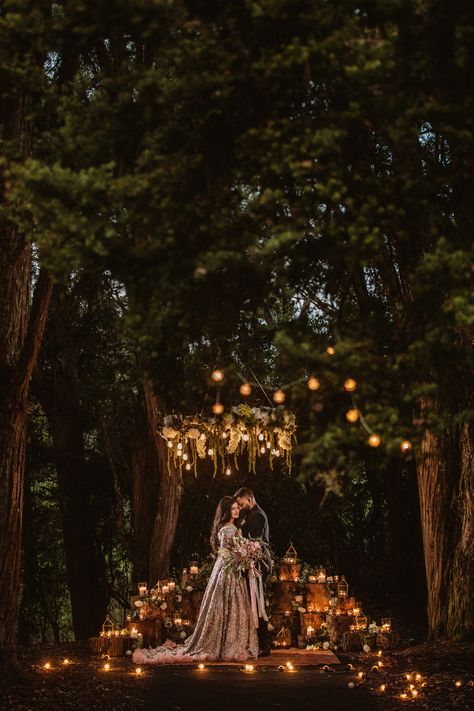 Magical forest setting at Kumeu Valley Estate. Candelit ceremony location with floral chandelier. Mystical Wedding Aesthetic, Moody Enchanted Forest Wedding, Woods Ceremony, Fairytale Background, Swiss Wedding, Nestldown Wedding, Small Outdoor Wedding, Nordic Wedding, Forest Setting