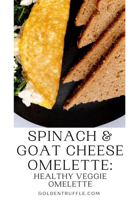 This Spinach & Goat Cheese Omelette is Healthy Veggie Omelette for breakfast! A classic flavor combination, this simple spinach and goat cheese omelette is a great meal when you don’t have tons of extra time but want something a little more flavorful. A fluffy omelette is topped with lots of earthy spinach sautéed in oil and tangy, creamy goat cheese. Great for breakfast, brunch, or lunch, serve this alongside a few slices of toast and a robust coffee for a delicious meal. #Breakfast #Omelette Veggie Omelette Healthy, Goat Cheese Omelette, Omelette Healthy, Fluffy Omelette, Spinach And Goat Cheese, Spinach Goat Cheese, Meal Breakfast, Easy Breakfast Brunch, Breakfast Omelette