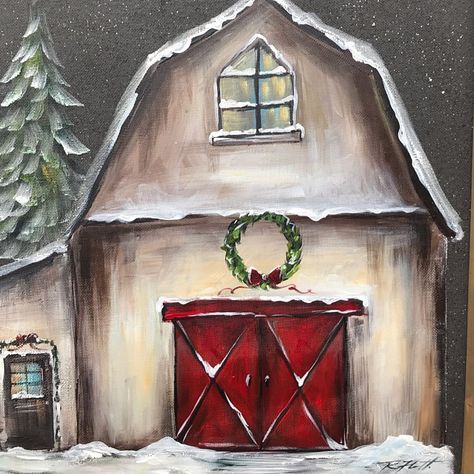 Christmas Canvas Art, Christmas Paintings On Canvas, Barn Painting, Barn Art, Holiday Painting, Winter Painting, Canvas Painting Diy, Christmas Canvas, A Barn