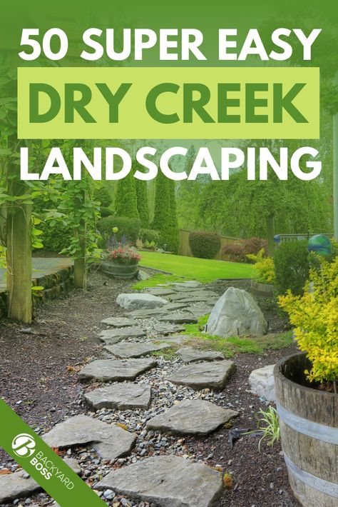 Images and ideas for backyard landscaping and do it yourself projects to easily create dry creek and river bed designs that dress up your property. Dry Creek Landscaping, Creek Landscaping Ideas, Creek Landscaping, Backyard Design Plans, Backyard Boss, Inexpensive Backyard Ideas, Cheap Landscaping, Backyard Entertainment, Modern Backyard Design