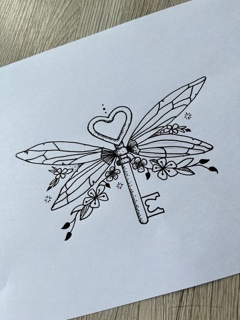 Harry Potter Flying Keys Drawing, Harry Potter Tattoos Floral, Wand Drawings Harry Potter, Flying Keys Harry Potter Tattoo, Harry Potter Flying Key Tattoo, Line Art Harry Potter, Harry Potter Key Tattoo, Harry Potter Keys With Wings, Harry Potter Best Friend Tattoos