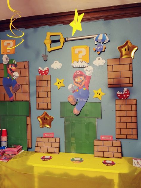 Super Mario Bros Classroom Theme, Mario Bulletin Board, Mario Bricks, Mario Bros Backdrop, Dollar Tree Plates, Tree Plates, Super Mario Brothers Birthday, Mario Kart Party, Mario Bros Birthday Party Ideas